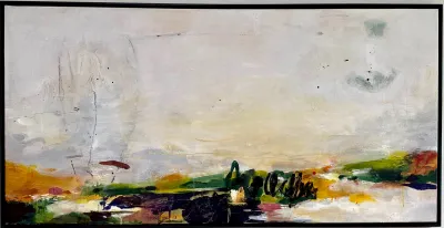 Common Ground, Large horizontal abstract painting in brown wood floater frame, by Michele Zuzalek