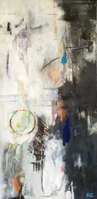 Cycles & Schedules, 15X30 Mixed media on canvas Framed in black floater frame, by Michele Zuzalek