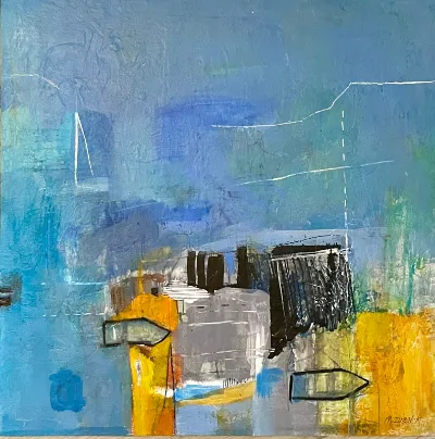 Docked, 12x12, Mixed media on cradled panel, by Michele Zuzalek