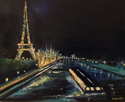 Evening in Paris, Oil on Canvas, Framed in Gold Plein Air Frame, by Michele Zuzalek