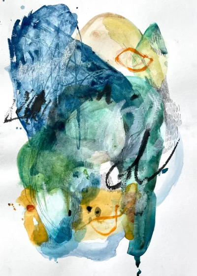 Gold Rush, 10.5”x14.5”, Mixed media on watercolor paper, by Michele Zuzalek