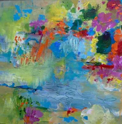 Love in the Water, 12x12 Mixed media on paper framed in a white modern frame, by Michele Zuzalek