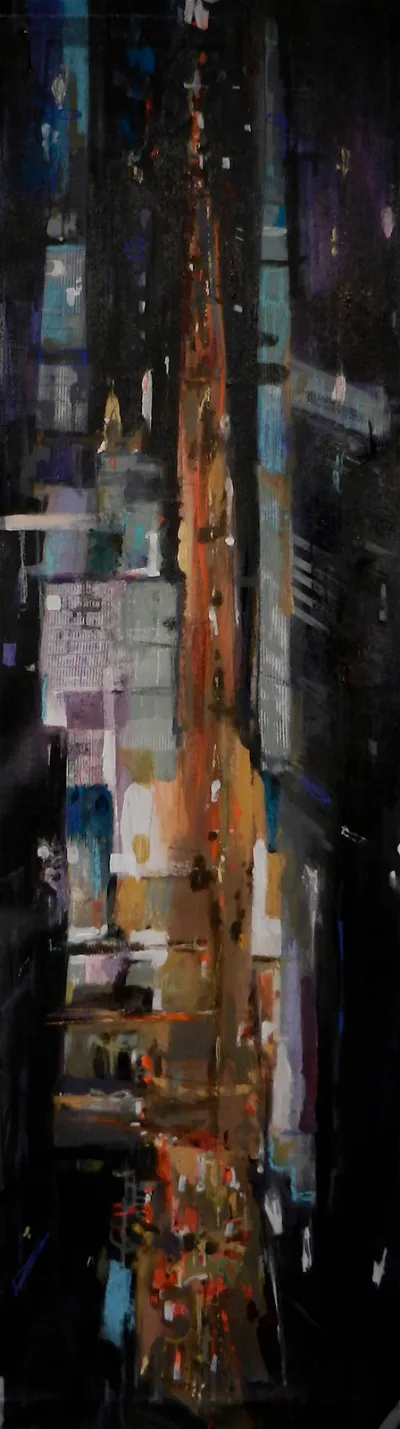 Manhattan, 17x56 Mixed media on canvas, by Michele Zuzalek