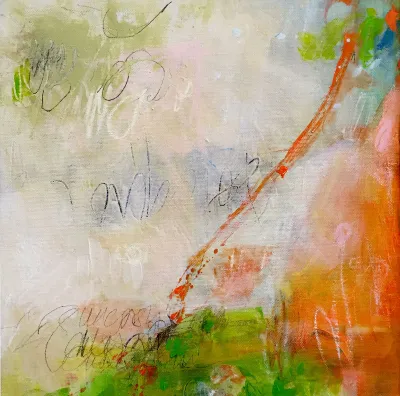 Poetry in Motion, 12x12 Mixed media on paper Framed in a white modern frame, by Michele Zuzalek