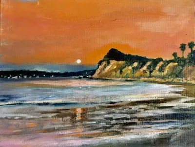 Sunset at Butterfly Beach, 9x12 Oil on canvas, Silver Plein Air frame, by Michele Zuzalek