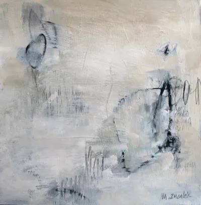 Rendezvous, 12x12, Mixed media on paper on panel, by Michele Zuzalek