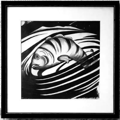Fish Out of Water, 22x22, graphite on paper, framed, by Michele Zuzalek