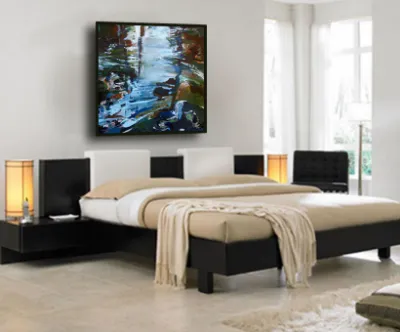 A blue abstract landscape above a bed in a modern bedroom